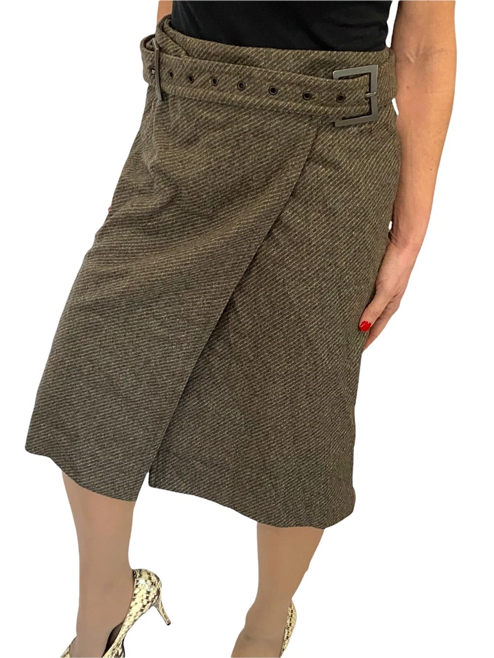 Falda envolvente Calvin Klein Hecha en Italia $640 verde oliva mezcla de lana con cinturón nueva con etiquetas 4 Foto 3 de 4