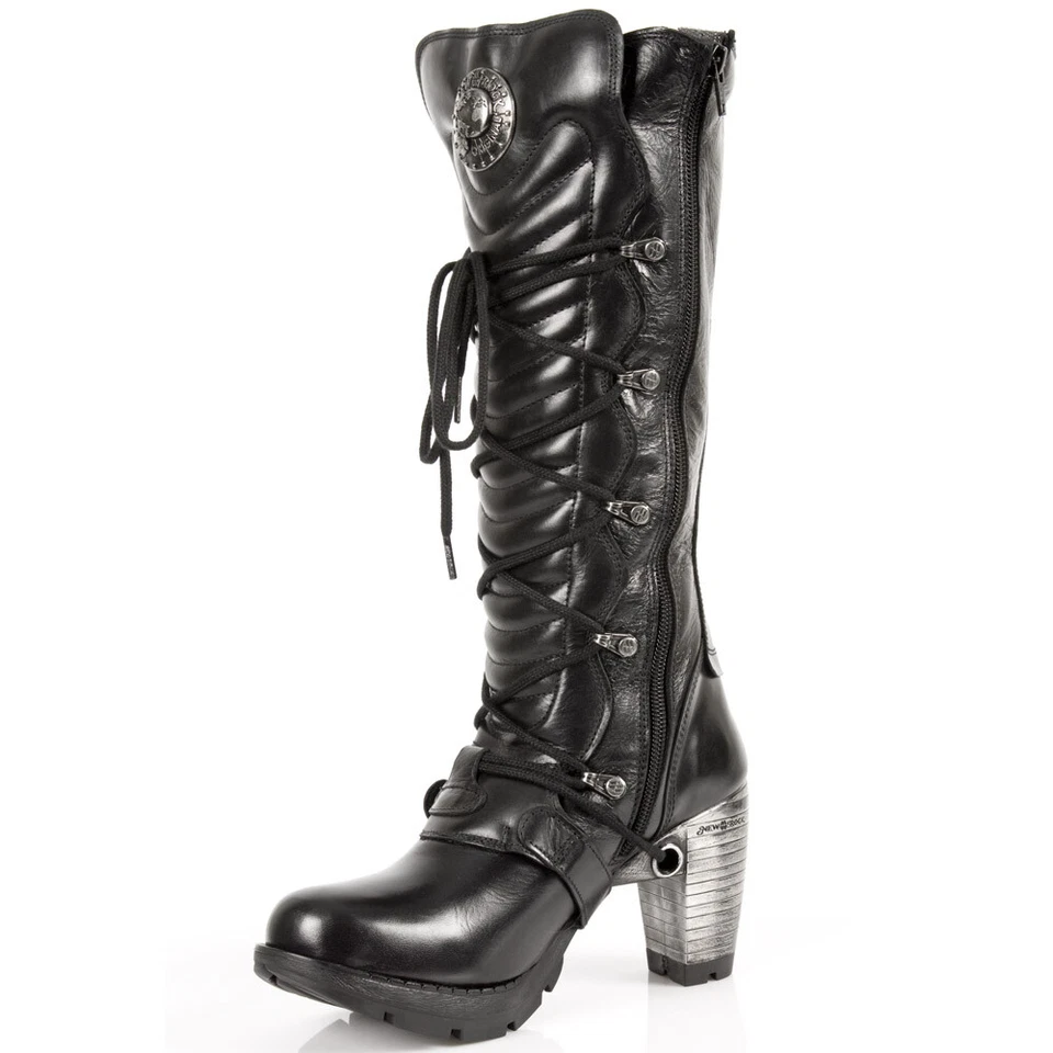 New Rock TR004-S1 Ladies Black Leather Boots Buckle Lace Knee High Biker Boots - Image 4 of 4