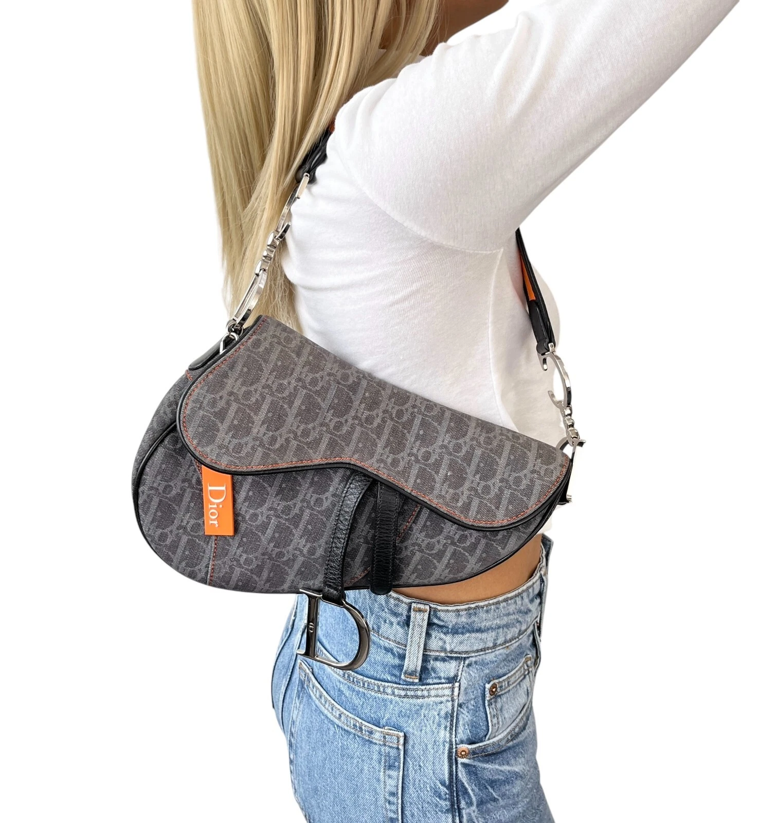 Sacoche de selle Christian Dior vintage 2005 trotteur monogramme Flight Line denim bleu