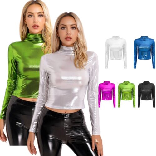 Womens Shiny Metallic Crop Tops Long Sleeve Turtleneck T-shirt Pullover Clubwear