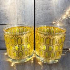 West Virginia Glass Madrid Gold Embossed Hexagon Old Fashioned Glasses Cup Set 2