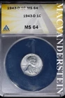 1943-D Lincoln Wheat Cent- ANACS MS 64- Lustrous- No Reserve #SLA1024