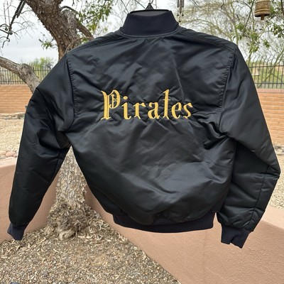 Vintage Pittsburgh Pirates G.A.M.E. Black Satin Bomber Jacket Size Small USA
