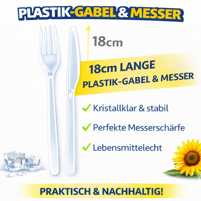 Set,100 Gabel, 100 Messer Plastikbesteck, Glasklar, Mehrwegbesteck