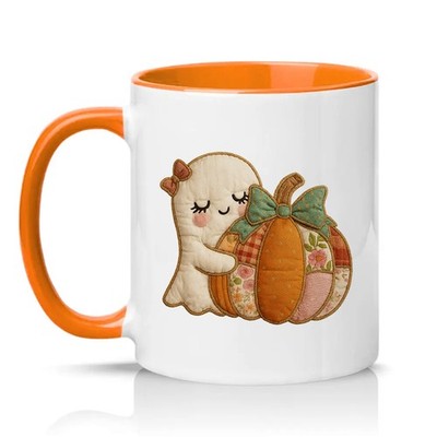 Niedlicher Geist hält Kürbis Damen 11 Unzen Keramiktasse Halloween Herbstgeschenk