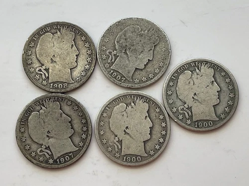 Lot of 5 Barber Silver Half Dollars 90% Silver - Dates in description