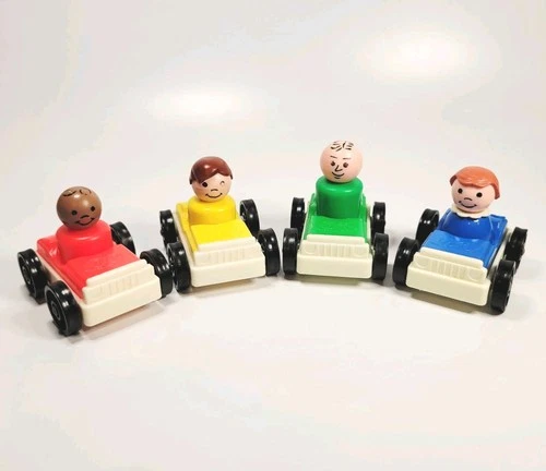 Vintage Fisher-Price Little People Cars & Figures Set of 4 - Red Yellow Green...