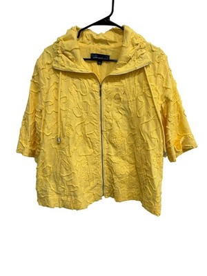 Susan Graver Style Textured Full Zip Hooded Jacket Yellow Sz Large 3/4 Sleeve