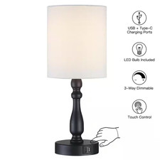 16 .5 In. Black Touch Control 3-Way Table Lamp with USB and Type C Charging Port
