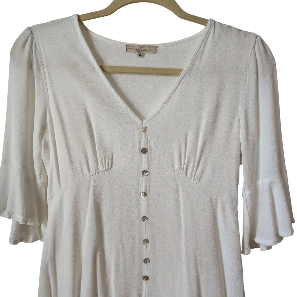 Chelsea & Violet Women's Mini Dress Small White Button Down V Neck Bell Sleeve - Image 2 of 4