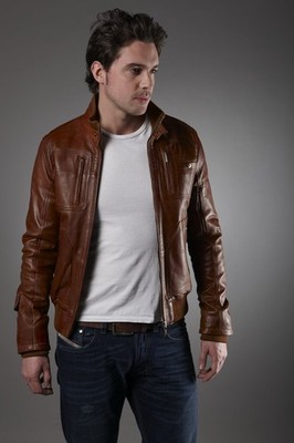 Men Leather Biker Bomber Brown Genuine Leather Motorcycle Jacket XS-2XL F539