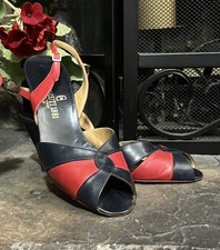 Cerruti 1881 1970s Vintage Navy Blue Red Leather Open Toe High Heel Shoes 7.5