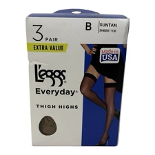 Leggs L'eggs Everyday Thigh Highs Sheer Toe Suntan Size B 3 Pairs *Discontinued 