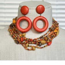 Red Wood Multi-Strand Necklace Hoop Earrings Jewelry Set Earthy Boho Casual Set