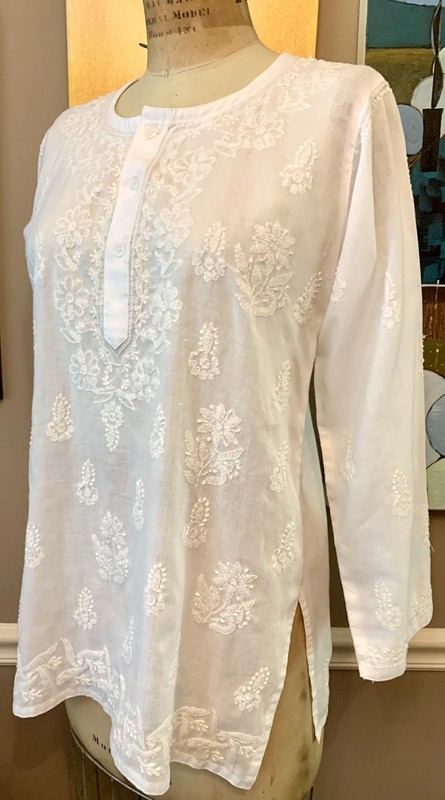 Vintage White Embroidered Chikankari Cotton Tunic Kurta Top - Women's S