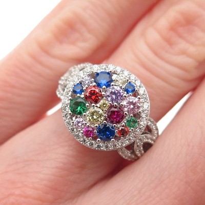 925 Sterling Silver Round-Cut Multi-Color C Z Ring Size 6