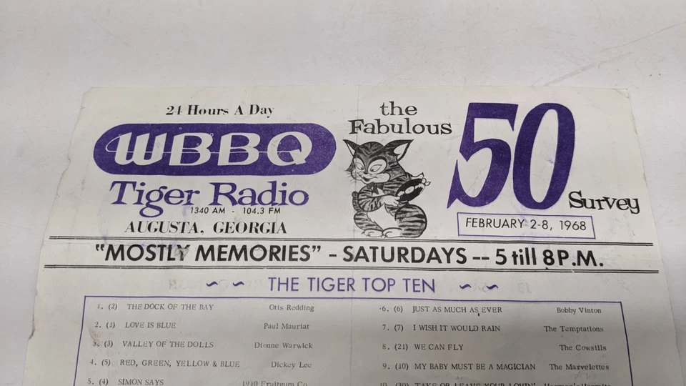 Programa de estación de radio WBBQ TIGER 1968 James Brown T lista de reproducción AUGUSTA GA de colección Foto 2 de 4