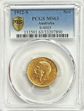 1912 S GOLD AUSTRALIA SOVEREIGN KING GEORGE V COIN PCGS MINT STATE 63