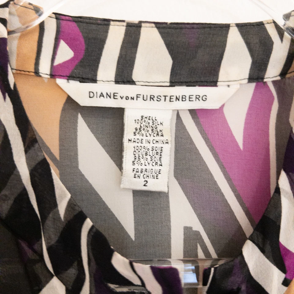 Blusa abstracta geométrica con volantes de seda Diane Von Furstenberg para mujer talla 2 Foto 3 de 4