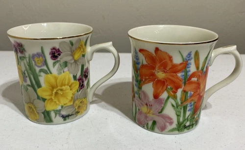 1995 Lenox Day Lily & Daffodil The Flower Blossom Suzanne Clee Grannycore Mugs