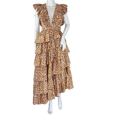 Ulla Johnson Women's Viola Asymmetric Ruffled Cheetah Midi Dress Brown Sz 2  | eBay