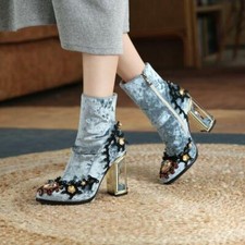 Banquet Women's Rhinestone High Block Heel Suede Pearl Shoes Dress Ankle Boots