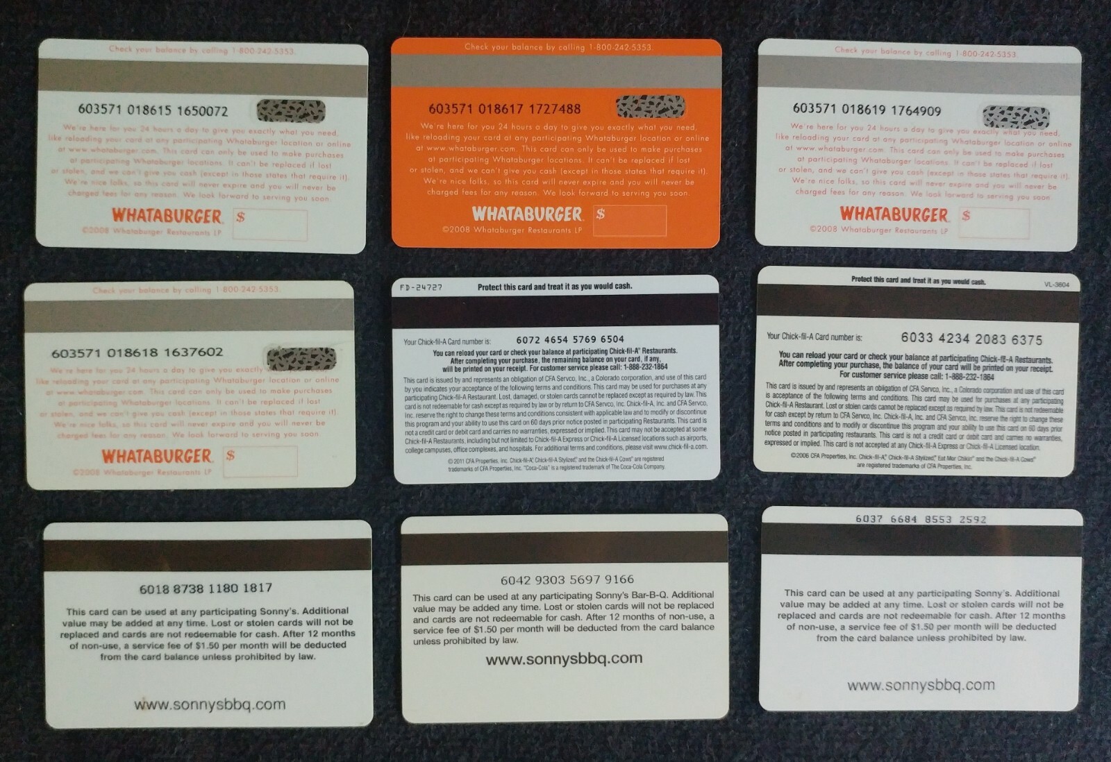 10 WHATABURGER ChickfilA Sony's BarBQ Gift Card Stickers Cow Ribs