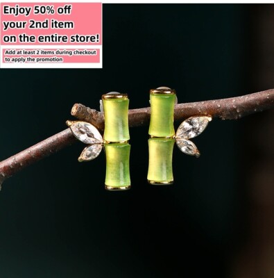 Jade Crystal Stud Earrings Bohemian Minimalist Bamboo 18K Gold Plated Gemstone