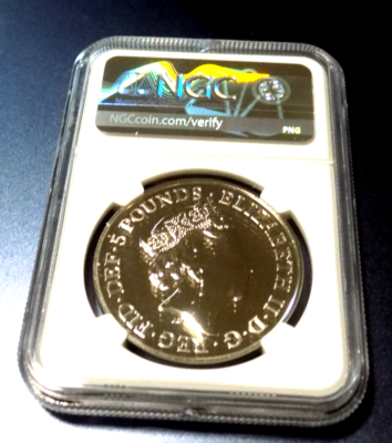 NGC 2021 GREAT BRITAIN 5PD QUEEN'S BEASTS WHITE GREYHOUND MS69DPL