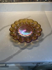 Vintage Gold Iridescent Hobnail Carnival Glass Deviled Egg Platter.
