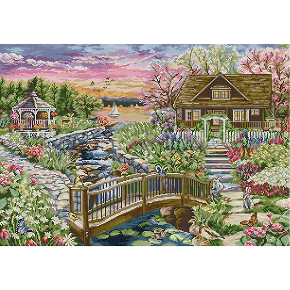 Full Embroidery Eco-cotton Thread 14CT Print Lakeside Cabin Cross ...