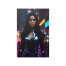 Satin Poster, Beautiful Cyberpunk Woman f6, Dystopian Futurism, AI Art