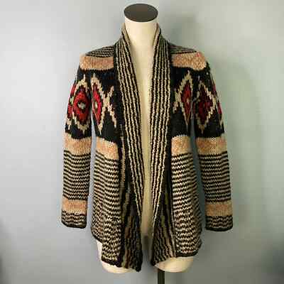 Pink Republic Southwestern Open Front Cardigan Knit Sweater Tan