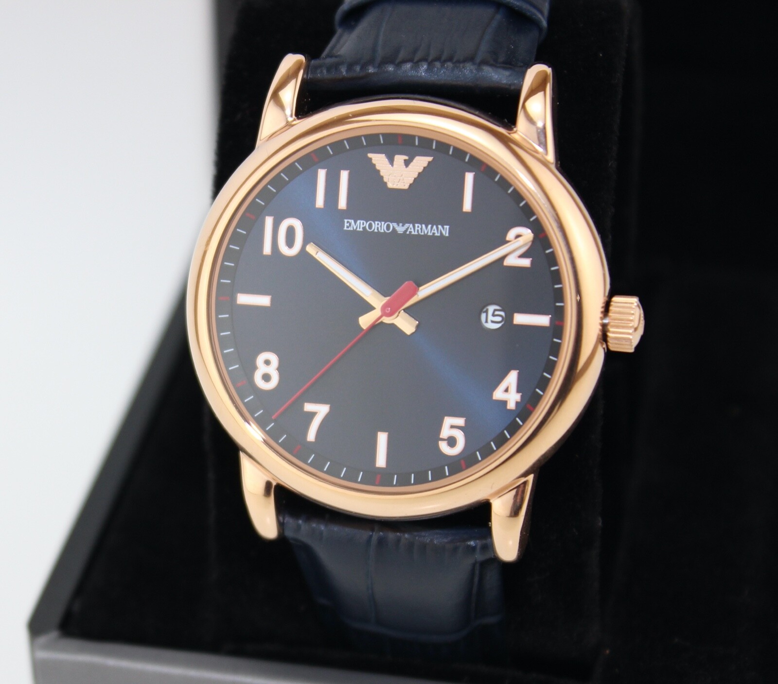 NEW AUTHENTIC EMPORIO ARMANI LUIGI BETA ROSE GOLD BLUE LEATHER MEN