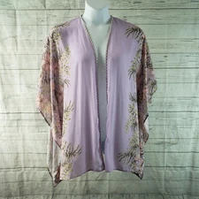 Catherines Womens Kimono Sz 0X-1X Purple Pink Floral Open Front