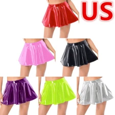 US Womens Glossy PVC Leather Flared Skirt Shiny Glitter Zipper A-Line Mini Skirt
