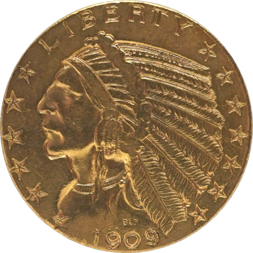 1909D $5 testa indiana oro mezza aquila non classificata ottime condizioni SPEDIZIONE GRATUITA! - Foto 1 di 2