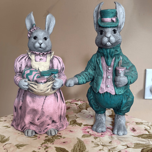 Vintage Pottery hand painted ceramic Easter bunny couple 11” pink green artistic