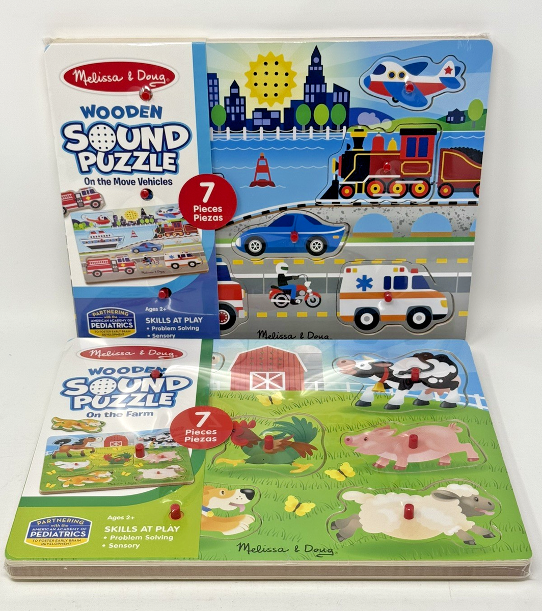 Melissa & Doug Wooden 7-Piece On the Move Vehicles & On the Farm