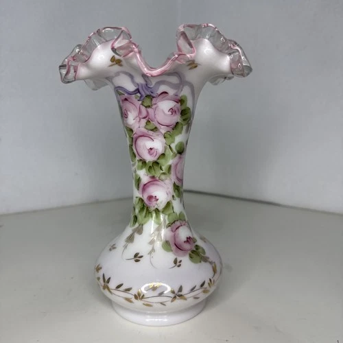 Fenton Peach Crest Ruffled Glass Vase Charleton Floral Pink White Hand Painted