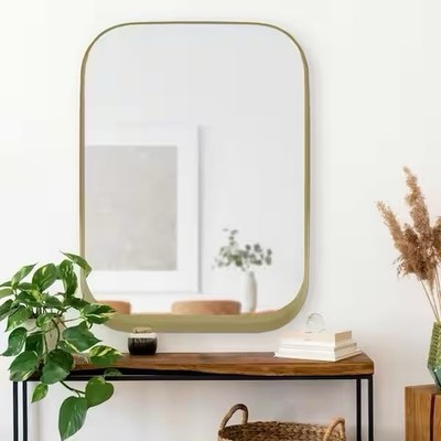 32x24in Gold Modern Mirror with Deep-Set Frame and Rounded Corners