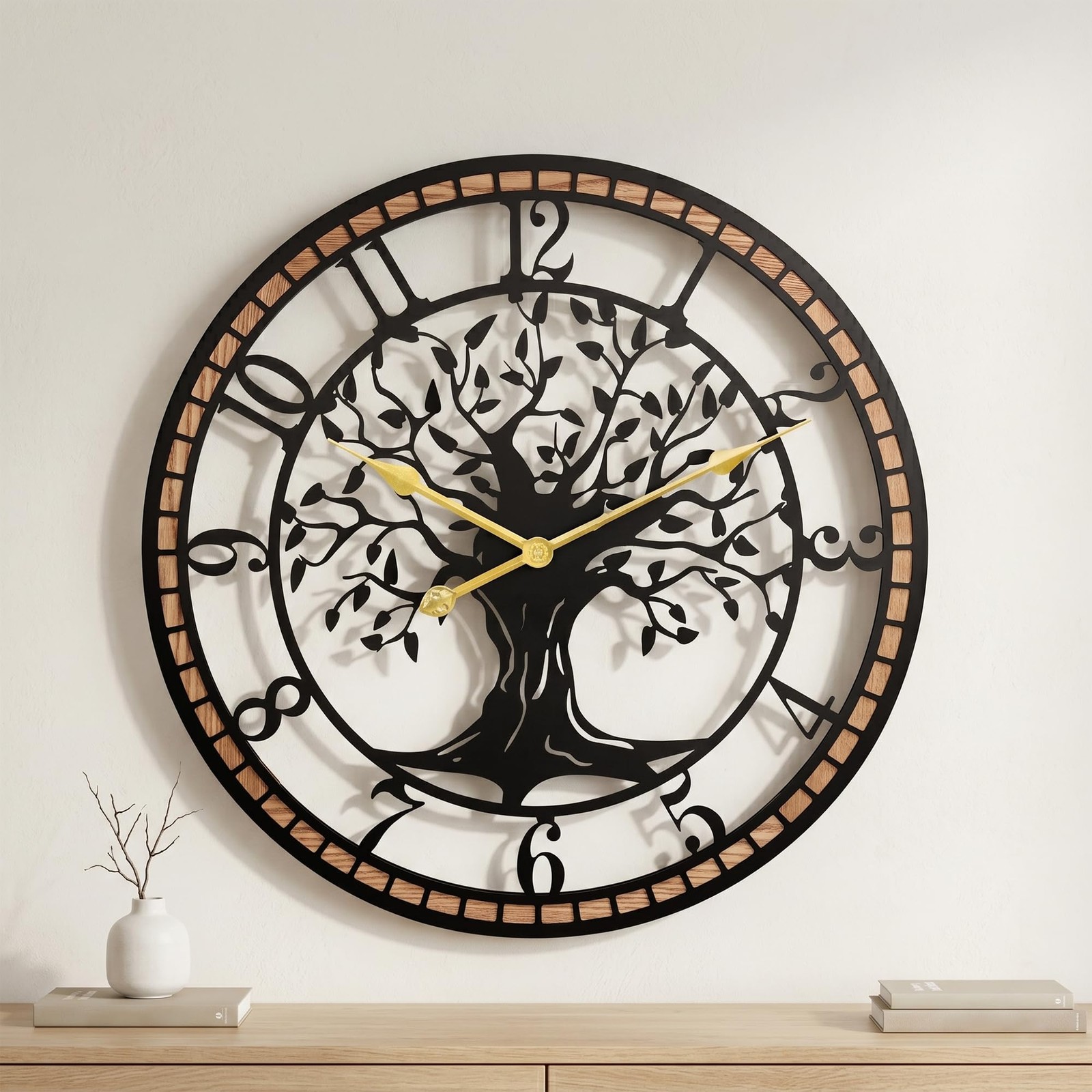 20" Tree of Life Wood and Metal Wall Clock, Rustic Decor