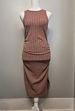 SHEIN Brown Ribbed Knit Bodycon Midi Dress M Round Neck Sleeveless Slit