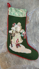 VTG Needlepoint "VICTORIAN SANTA" Christmas Stocking 18" Wool MINT Moss Green