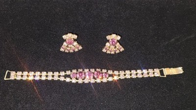 Vintage Pink/Purple Rhinestone Double-Row Bracelet & Earrings Set FREE SHIPPING!