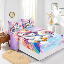 Pink Blue Unicorn Twin 4Pcs Clouds Rainbow Flower Boys Girls Bedding Set Cute...