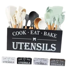 Utensil Holder,Extra Large Wooden Utensil Holder For Black-（4 Compartments)