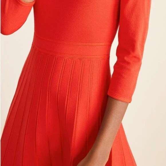 Ann Taylor Red Pleated Skirt A-Line Dress 3/4 Sleeves in Red Size XL - Image 3 of 4