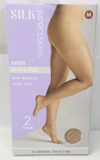 Silk Impressions Pantyhose 2 Pack Medium Rich Tan 15 Denier Ultra Fine Sheer