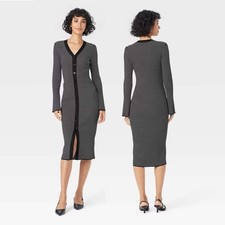 Women's Bell Long Sleeve Midi Sweater Dress - A New Day Black Striped